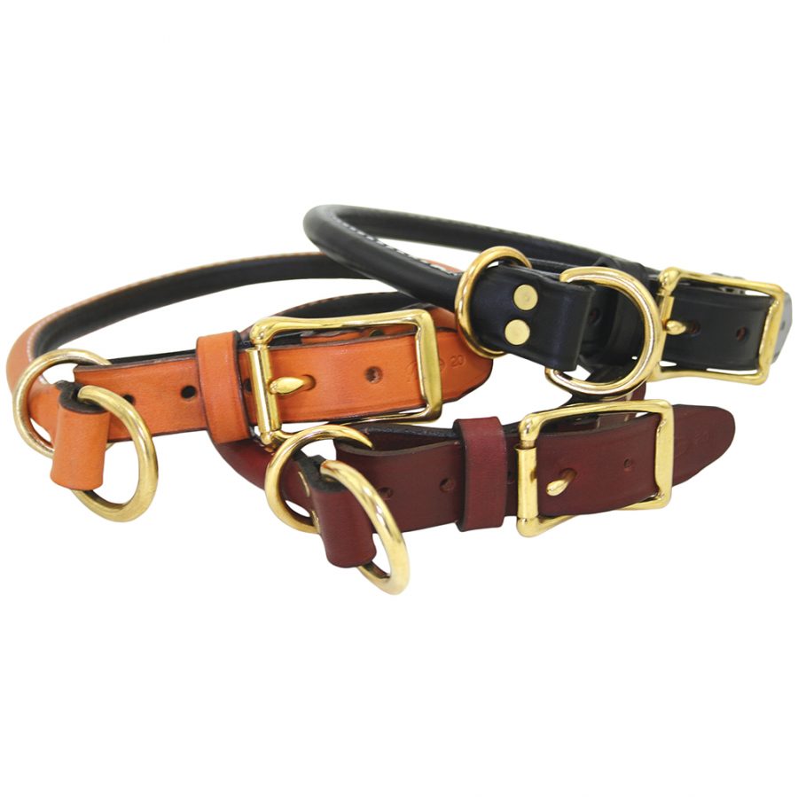 Rolled Round Dog Collar 8"-10" Orange Auburn Leather 