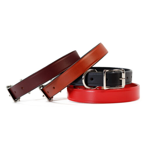 group of leather town collars in burgundy, tan, black, and red