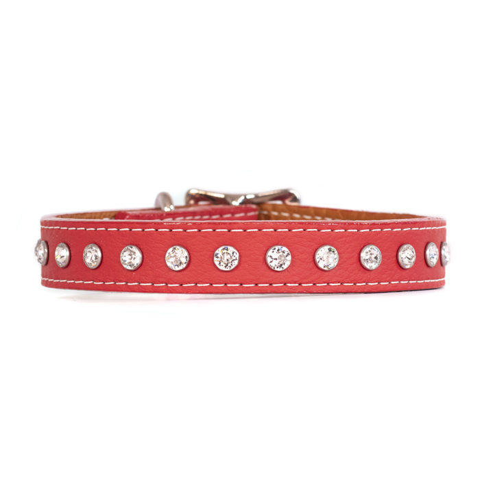 Auburn Leathercrafters crystallized Tuscan Italian Leather dog collar in bright red with one row of crystals