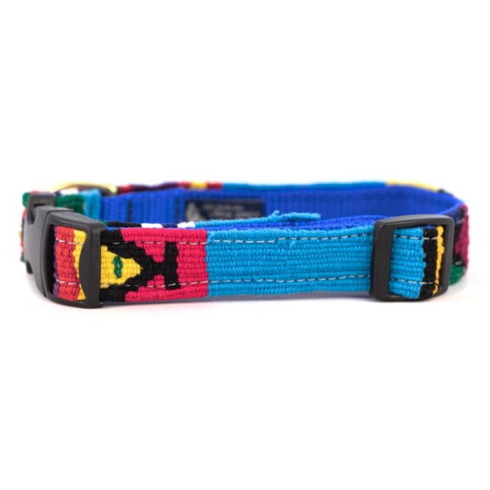 Moab Sky side release dog collar with green background and colorful traditional patterns