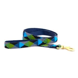 a tail we could wag leash in traditional argyle pattern in blue, green, black, and grey