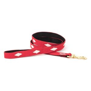 a tail we could wag handwoven leash in red with white diamonds and a brass snap