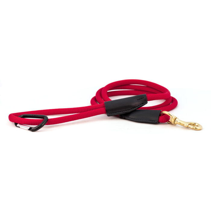 red nylon leash made with mountain climbing rope and brass snap
