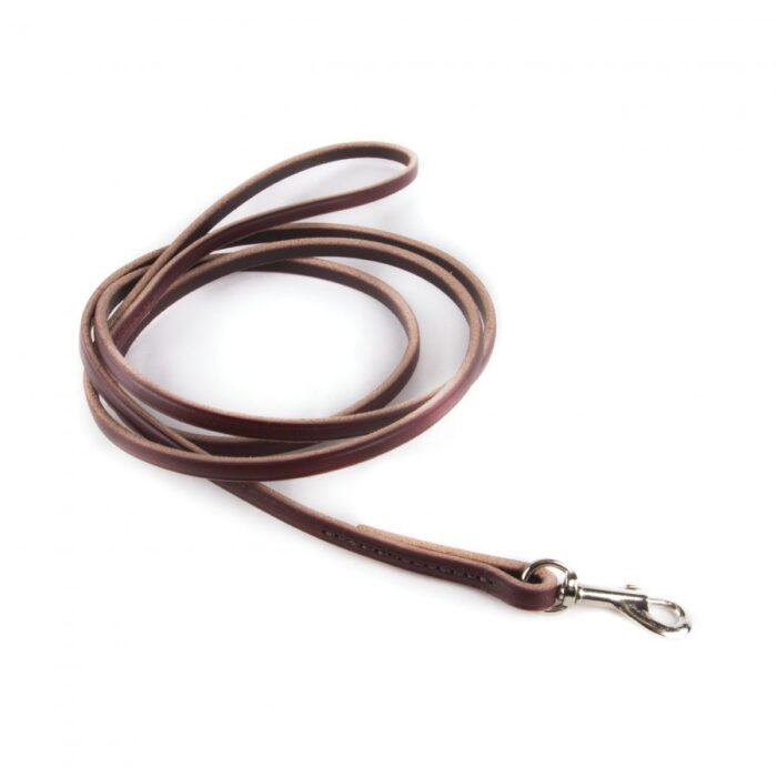narrow burgundy leather training leash with nickel snap and rivets