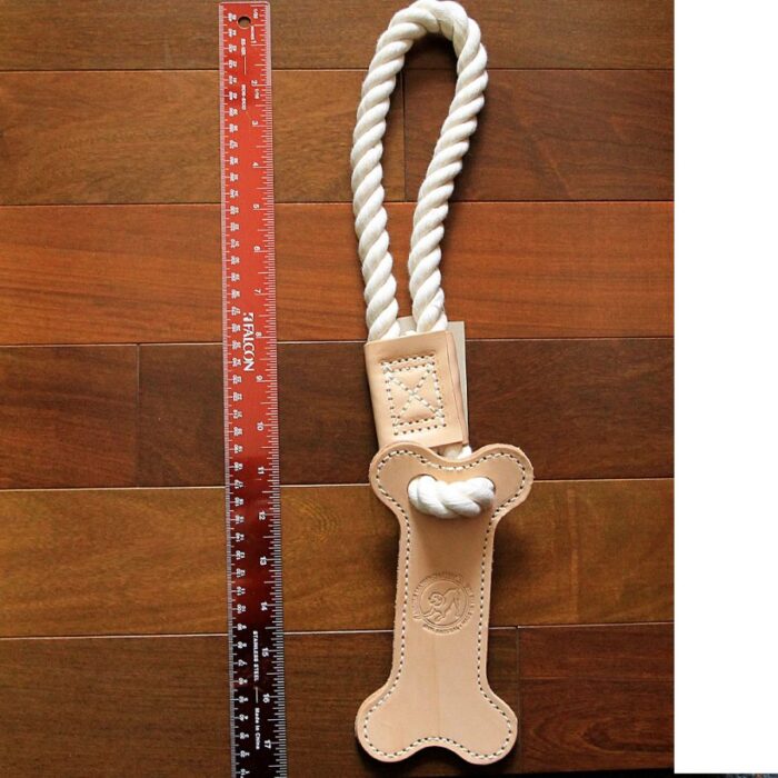 Cotton Rope Tug Toy with Leather Bone shape next to ruler