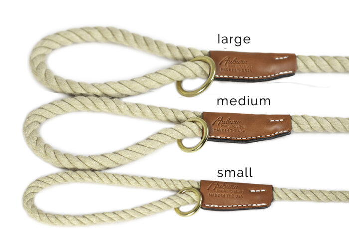 off white cotton rope leash handle with comparison of small medium and large sizes