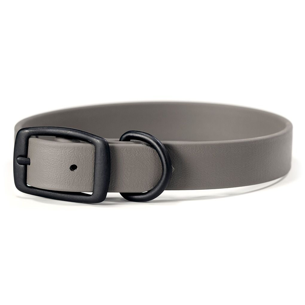 titanium grey Biothane dog collar with black buckle and dee ring