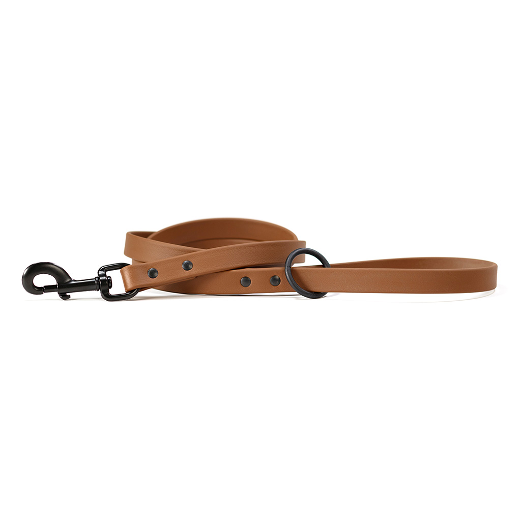 clay brown Biothane dog leash with black snap and hardware
