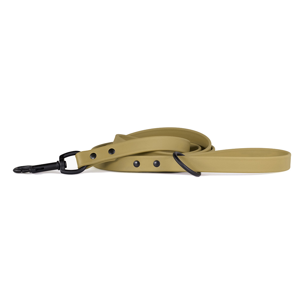 desert tan Biothane dog leash with black snap and hardware