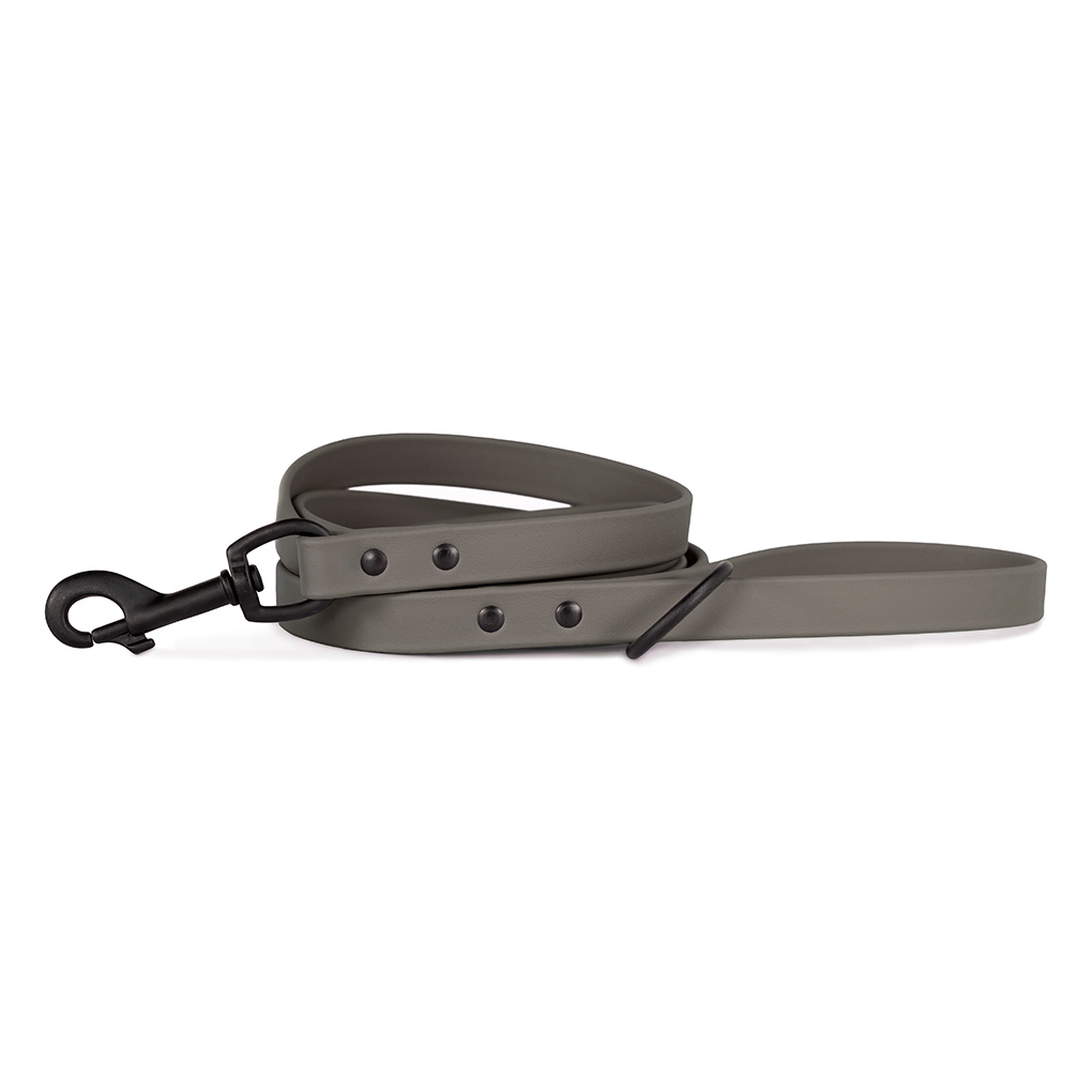 titanium grey Biothane dog leash with black snap and hardware