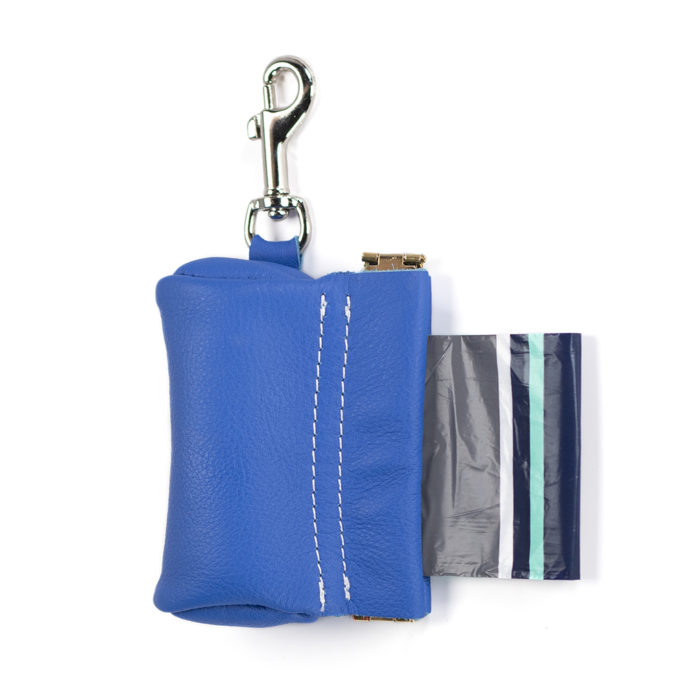 Italian leather poo bag pouch in cobalt blue with complimentary Metro Paws bag