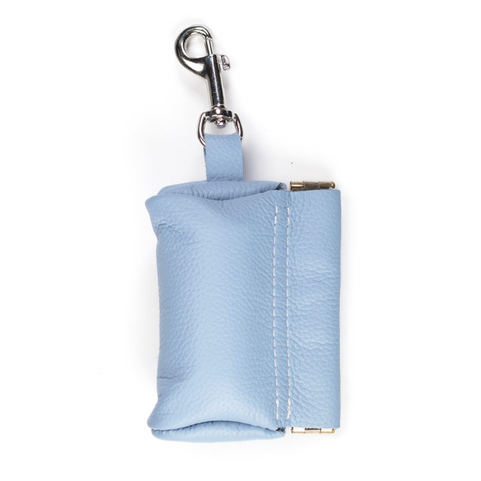Italian leather poo bag pouch in light blue with complimentary Metro Paws bag