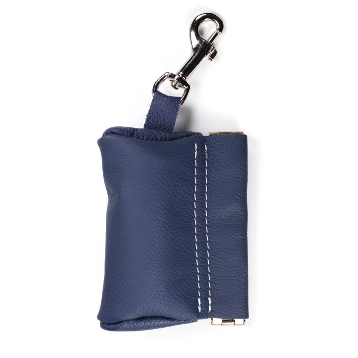 Italian leather poo bag pouch in navy blue with complimentary Metro Paws bag