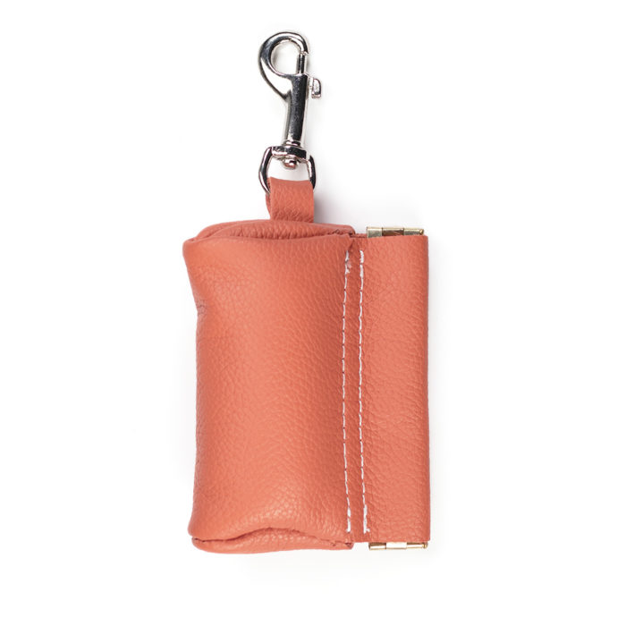 Italian leather poo bag pouch in orange with complimentary Metro Paws bag