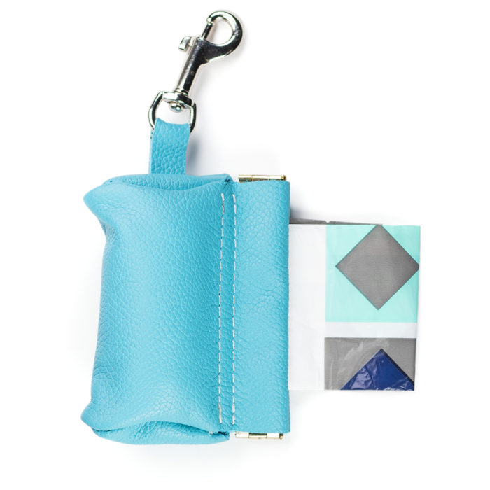 Italian leather poo bag pouch in turquoise with complimentary Metro Paws bag