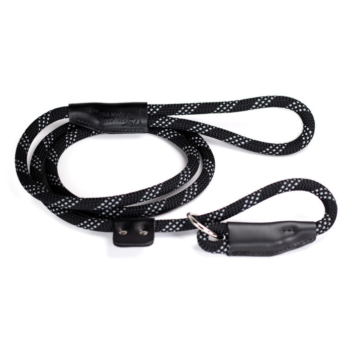 reflective black nylon slip leash with 3 rows of reflective strips