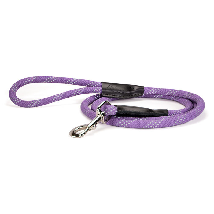 reflective violet nylon snap style leash with 3 rows of reflective strips