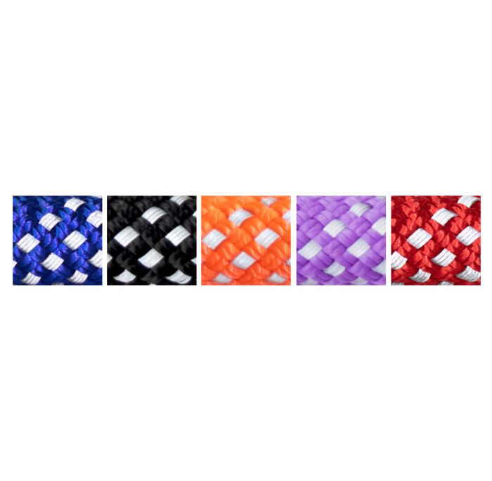 reflective rope swatches in electric blue, black, orange, lavender, and imperial red