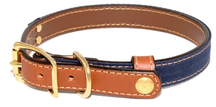 Upland and Downstream tan leather dog collar with blue wax cotton accents and brass hardware