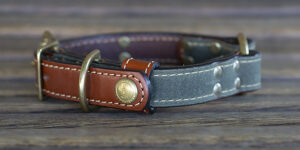 Upland & Downstream leather center ring collar with olive waxed cotton and brass hardware