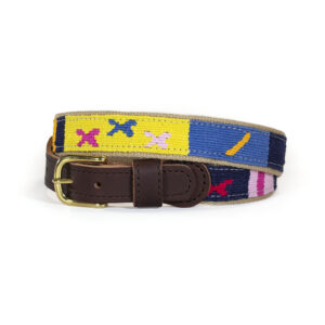 Starry Day Midnight Belt with leather ends and brass buckle and colors of yellows, light and dark blues and pinks in a traditional pattern