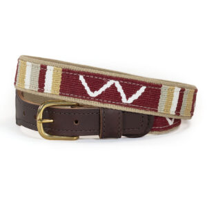 Sun Valley Desert Belt with leather ends and brass buckle and colors of browns and maroons and tans and white