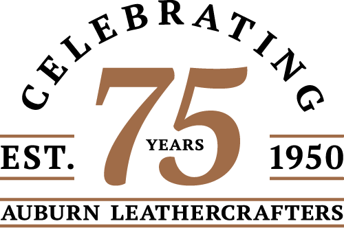 75th Anniversary Emblem - Tan - Black Celebrating 75 years! Auburn Leathercrafters, established 1950.
