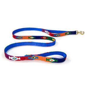 a tail we could wag leash with traffic handle in multi colors and traditional God's Eye pattern
