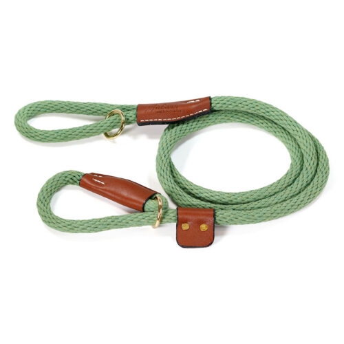 sage braided cotton rope slip leash with brass hardware and leather trim
